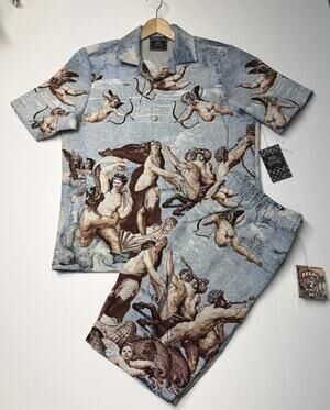 Rebel Vengeance Tapestry Shirt & Shorts Set Mens M Renaissance Angel Cherub Art